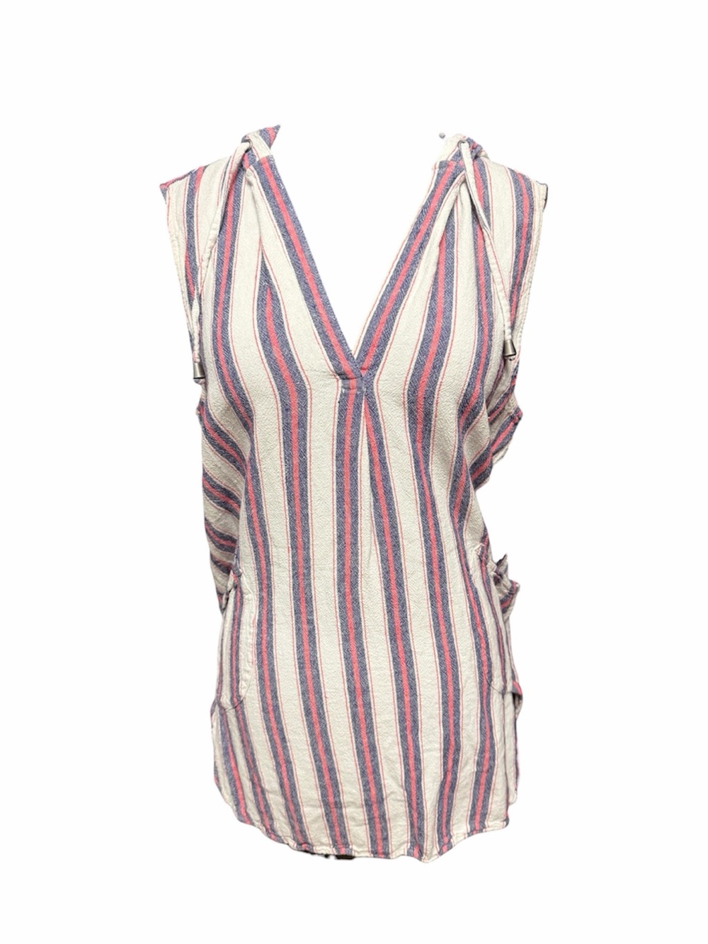 Forcynthia Beachwear Sleeveless V‑Neck Striped Tank in Cream, Blue, and Red Sz L